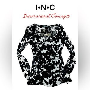 I•N•C sequen/sheer back/Long sleeve blouse blk/white floral  design med/lrg 🪷
